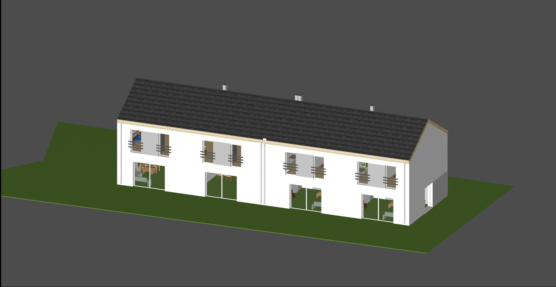 Wizualizacja 3D projektu bliźniaka z ciemną dachówką, prezentowana przez firmę z Rudy Śląskiej. Widoczne balkony i duże okna.