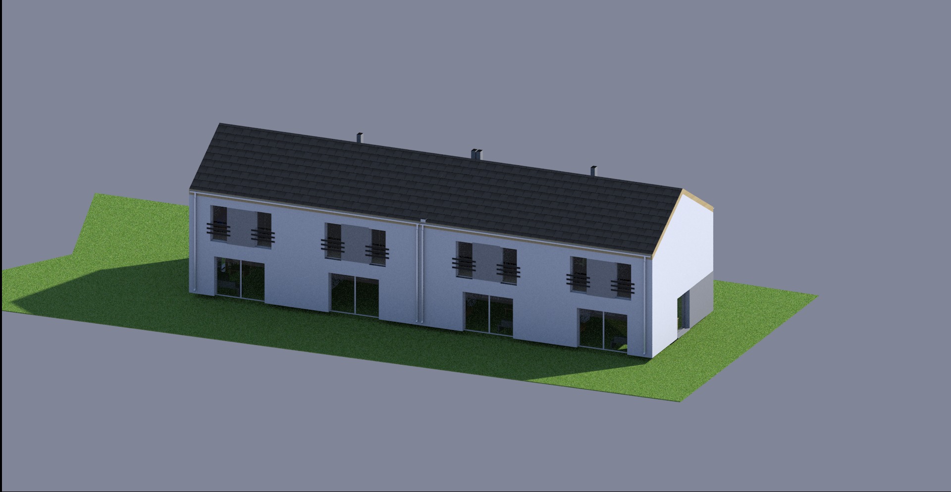 Wizualizacja 3D bliźniaczego domu z ciemnym dachem i balkonami, umieszczonego na zielonym terenie.