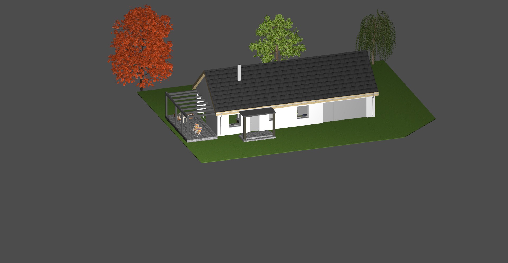 Wizualizacja 3D parterowego domu z szarym dachem, białymi ścianami, pergolą z meblami ogrodowymi i trzema drzewami o różnej kolorystyce liści.