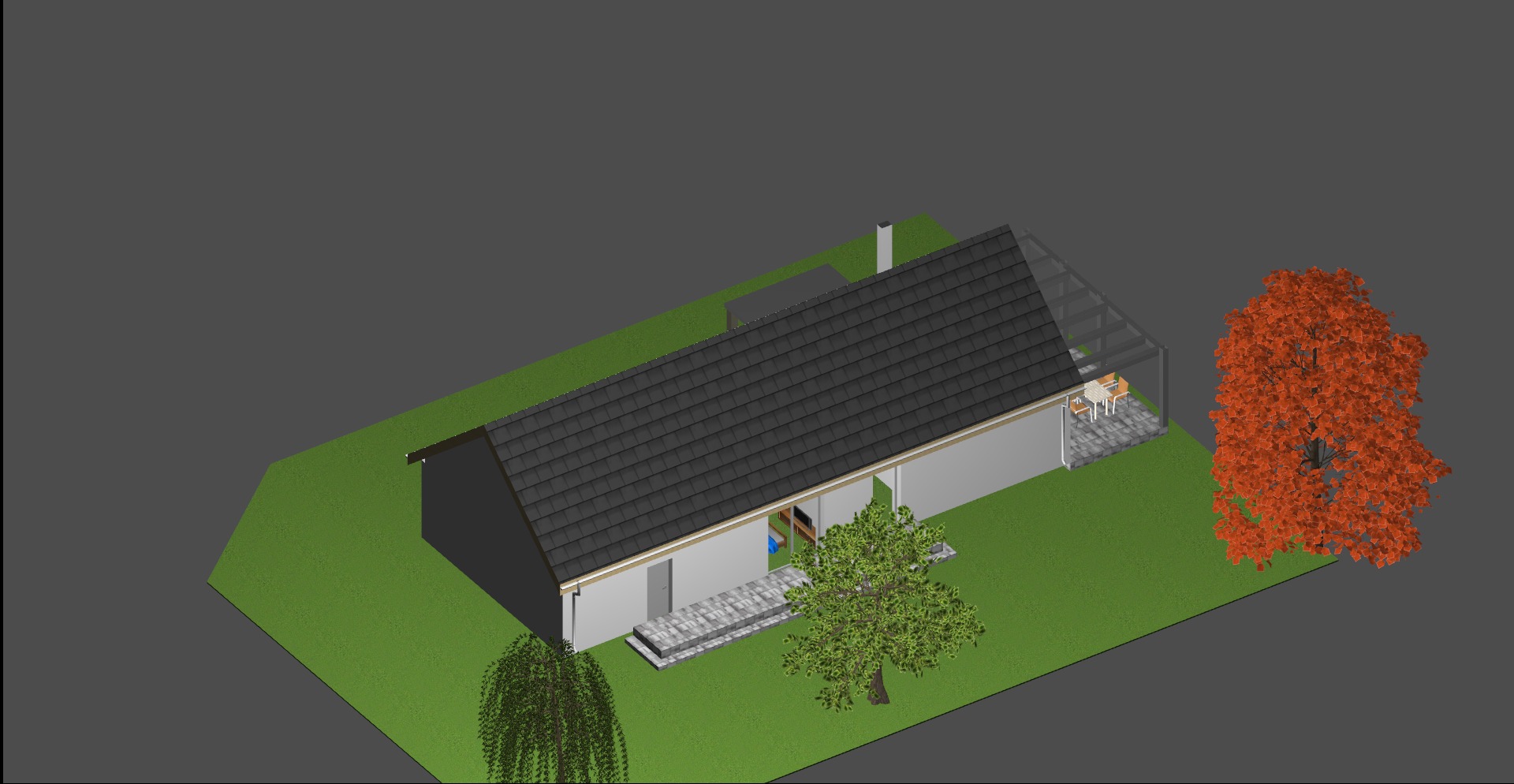 Wizualizacja 3D domu jednorodzinnego z ciemnym dachem, tarasem zadaszonym i starannie zaprojektowanym ogrodem z drzewami o różnych kolorach liści.