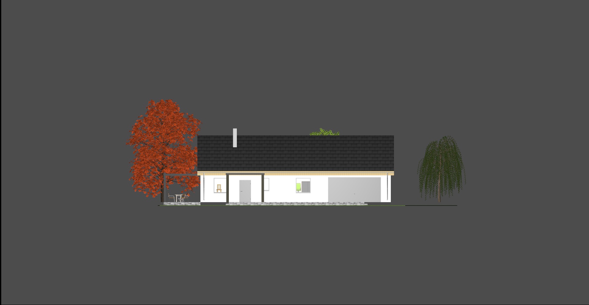 Wizualizacja boczna parterowego domu z garażem, z czarnym dachem, białymi ścianami i dwoma drzewami: jednym pomarańczowym liściastym i drugim zielonym płaczącym, na szarym tle.