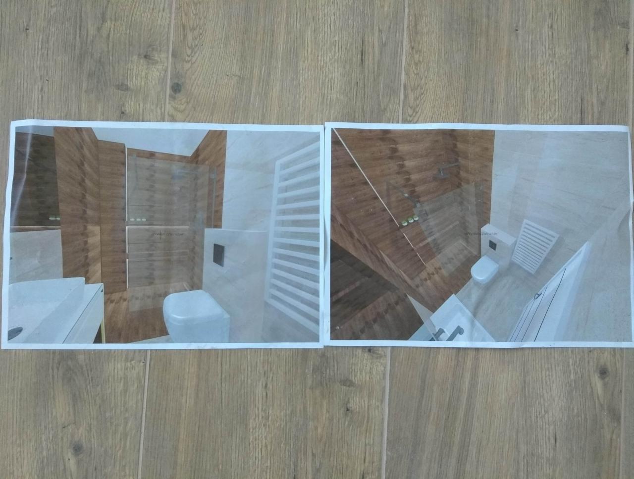 Dwa wydruki wizualizacji łazienki z drewnopodobnymi płytkami, umieszczone na podłodze z paneli.
