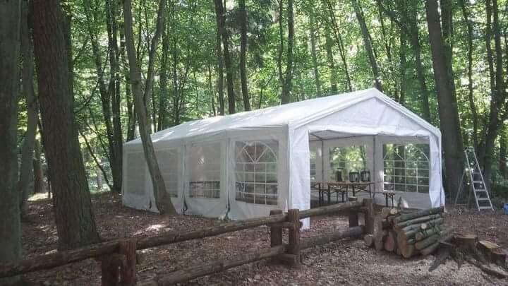 Biały namiot imprezowy z przezroczystymi ścianami ustawiony w lesie, widoczny drewniany płotek i stos drewna obok wejścia.