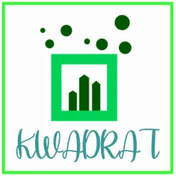 Graficzne logo firmy budowlanej: zielony kwadrat z trzema stylizowanymi budynkami w środku, nad kwadratem zielone kropki, poniżej napis 'KWADRAT' w kolorze turkusowym, całość w zielonej ramce.