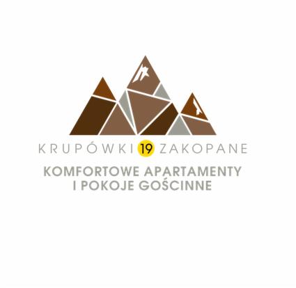 Logo firmy oferującej komfortowe apartamenty i pokoje gościnne w Zakopanem przy Krupówkach 19, z motywem górskim w brązach i szarościach.