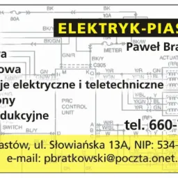 Schemat instalacji elektrycznej z danymi kontaktowymi firmy z Piastowa oferującej usługi montażu, naprawy i rozbudowy instalacji, domofonów i płyt indukcyjnych.