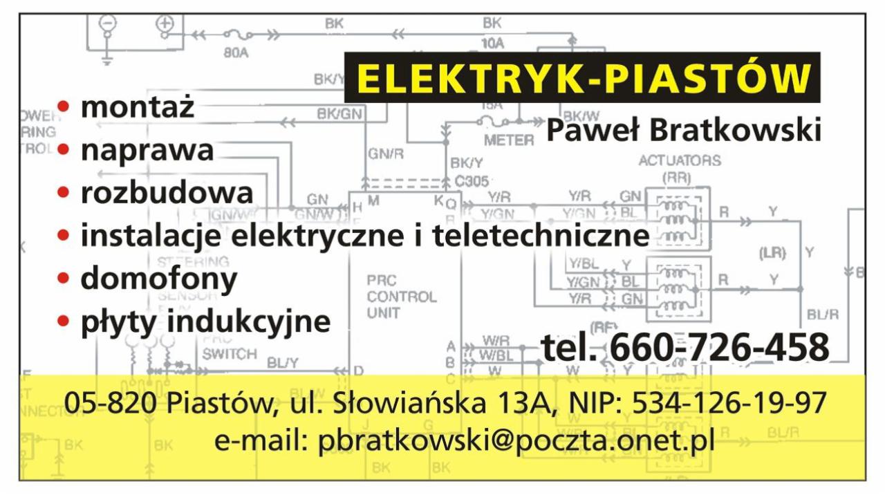 Schemat instalacji elektrycznej z danymi kontaktowymi firmy z Piastowa oferującej usługi montażu, naprawy i rozbudowy instalacji, domofonów i płyt indukcyjnych.