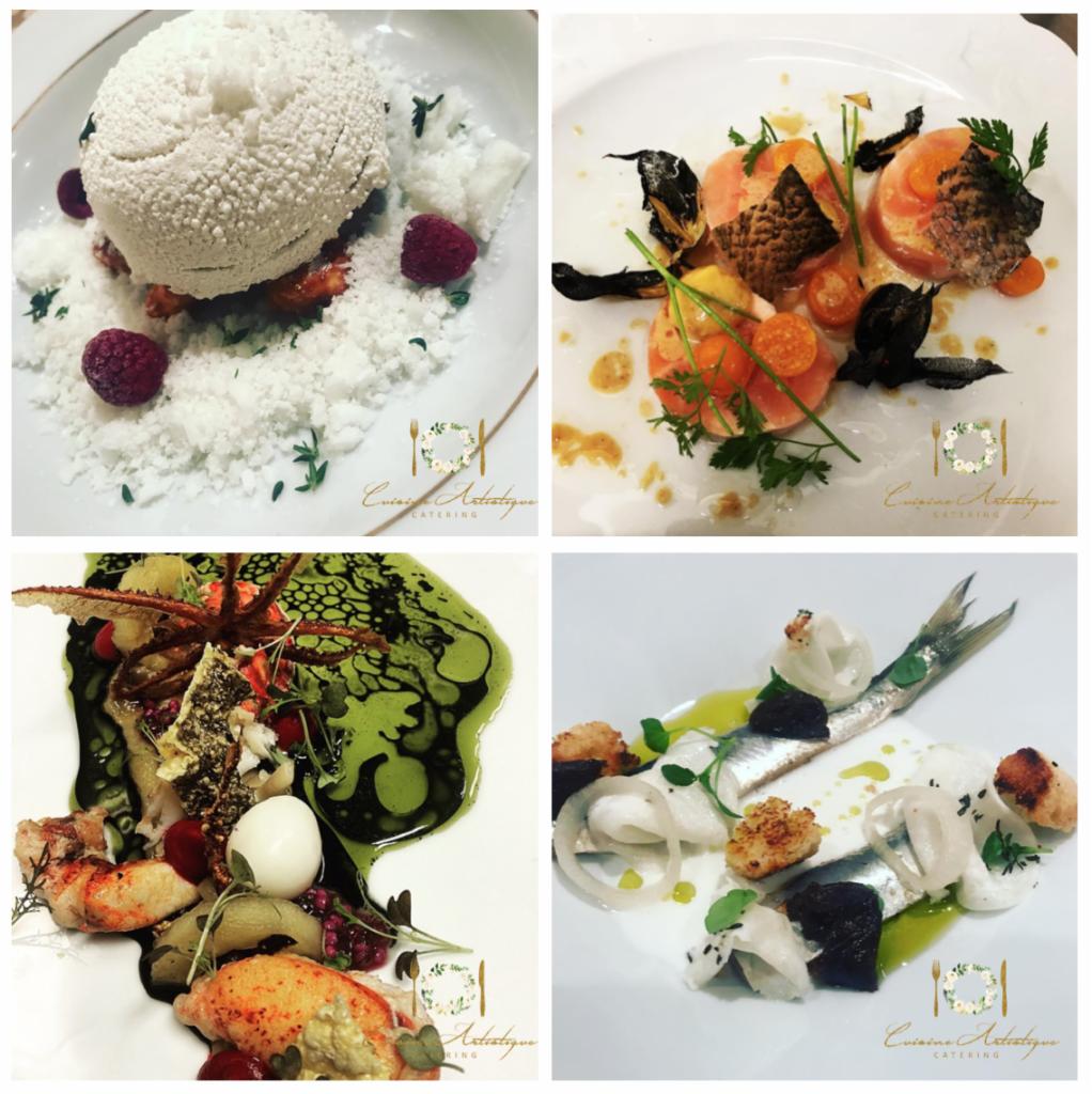 Kompozycja czterech dań na białych talerzach: deser z kulą lodów i malinami, ryba z warzywami, homar z sosem i jajkiem przepiórczym, sardynka z oliwą i grzankami.