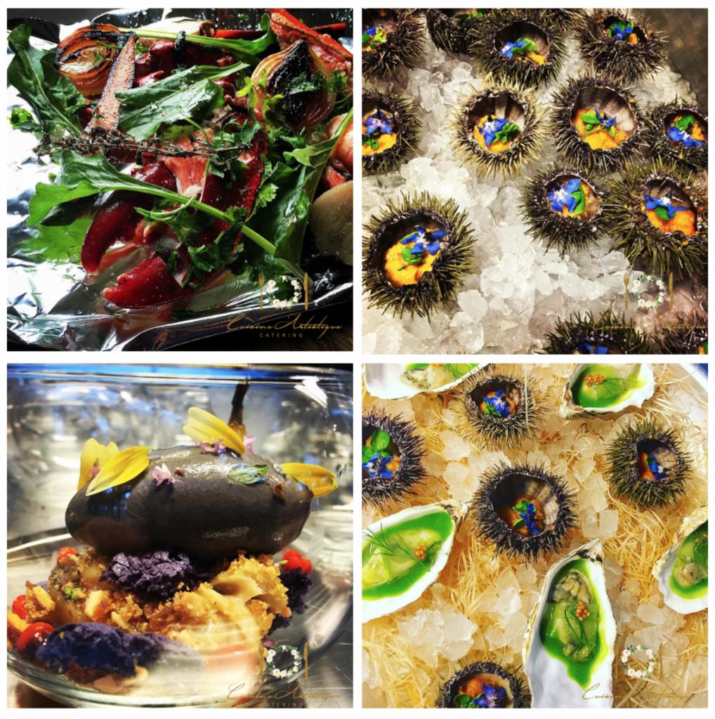 Kompozycja z czterech ujęć: sałatka z pieczoną cebulą i szynką na srebrnej folii, jeżowce morskie na kruszonym lodzie z jadalnymi kwiatami, deser w szklanym naczyniu z czarną kulką i jadalnymi...