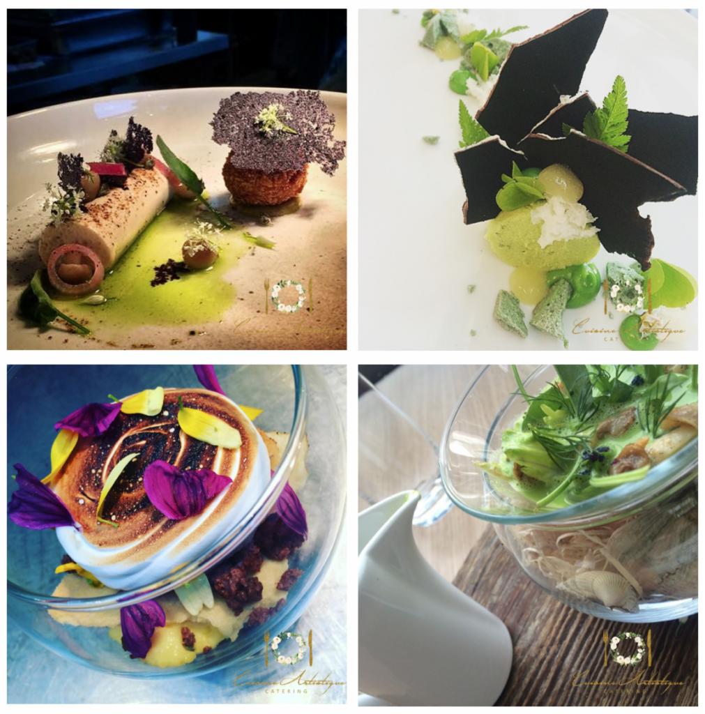 Kompozycja czterech dań: roladka z kremem i kwiatami, zielony deser z czekoladą, beza z owocami w szklanej misie i zupa krem z ziołami w szklanej misie, prezentacja potraw.