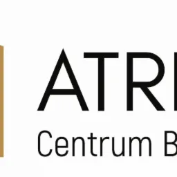 Logo 'ATRION Centrum Biznesowe' z geometrycznym symbolem budynku w kolorze złotym.