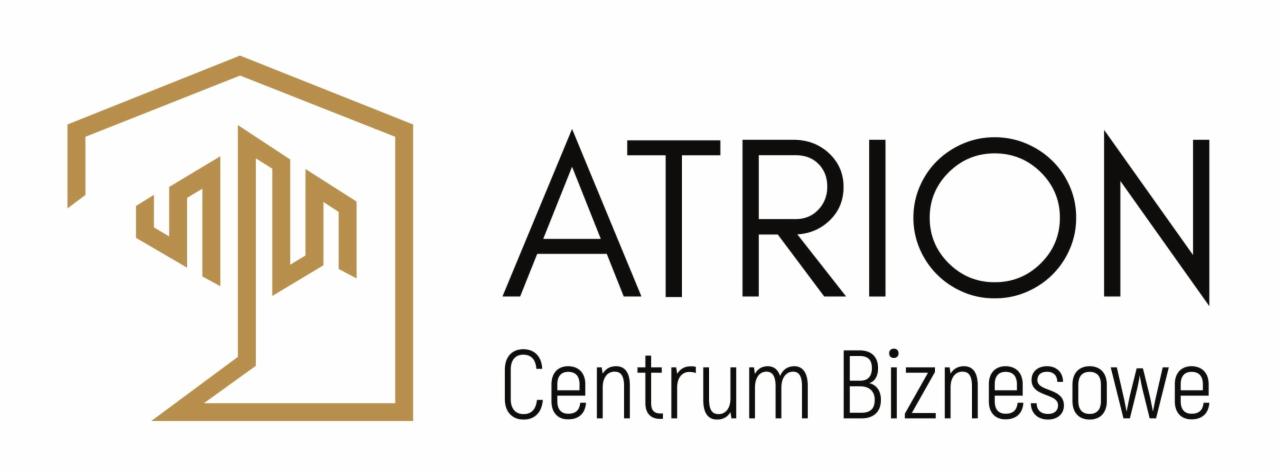 Logo 'ATRION Centrum Biznesowe' z geometrycznym symbolem budynku w kolorze złotym.