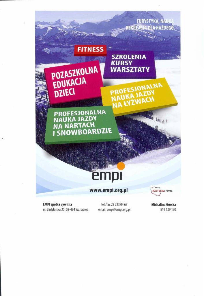 Plakat reklamowy z ofertą szkoleń i kursów: pozaszkolna edukacja dzieci, fitness, nauka jazdy na nartach i snowboardzie, nauka jazdy na łyżwach, z logo firmy EMPI na tle górskiego krajobrazu.