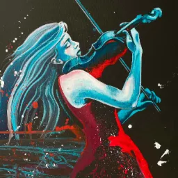 Abstrakcyjny portret kobiety grającej na skrzypcach, utrzymany w chłodnej tonacji błękitu i czerwieni na czarnym tle, z widocznymi śladami farby i ekspresyjnymi plamami.