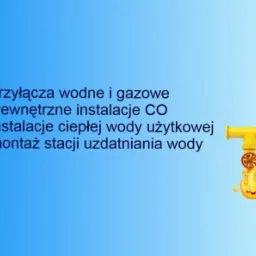 Grafika wektorowa przedstawiająca żółte rury instalacyjne z zaworami, obok których znajdują się animowane postacie ognia i kropli wody, na gradientowym niebieskim tle z wypisanymi hasłami...