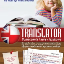 Reklama szkoły językowej Translator: uśmiechnięta dziewczynka opiera podbródek na dłoni, obok otwarte książki, flaga Wielkiej Brytanii, oferta kursów i tłumaczeń.