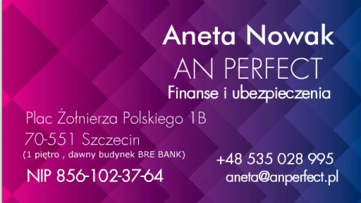 Wizytówka Aneta Nowak, AN PERFECT, finanse i ubezpieczenia, adres w Szczecinie, numer telefonu i adres email na fioletowo-niebieskim tle.
