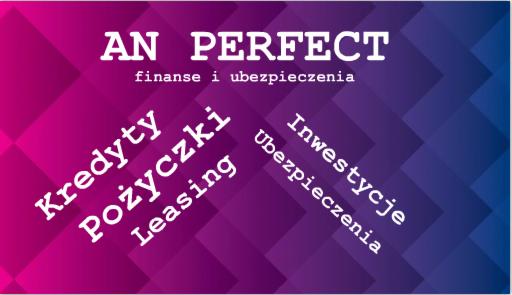 Grafika z napisem 'AN PERFECT finanse i ubezpieczenia', z wypisanymi hasłami: Kredyty, Pożyczki, Leasing, Inwestycje, Ubezpieczenia na tle gradientu od różowego do niebieskiego z wzorem w romby.