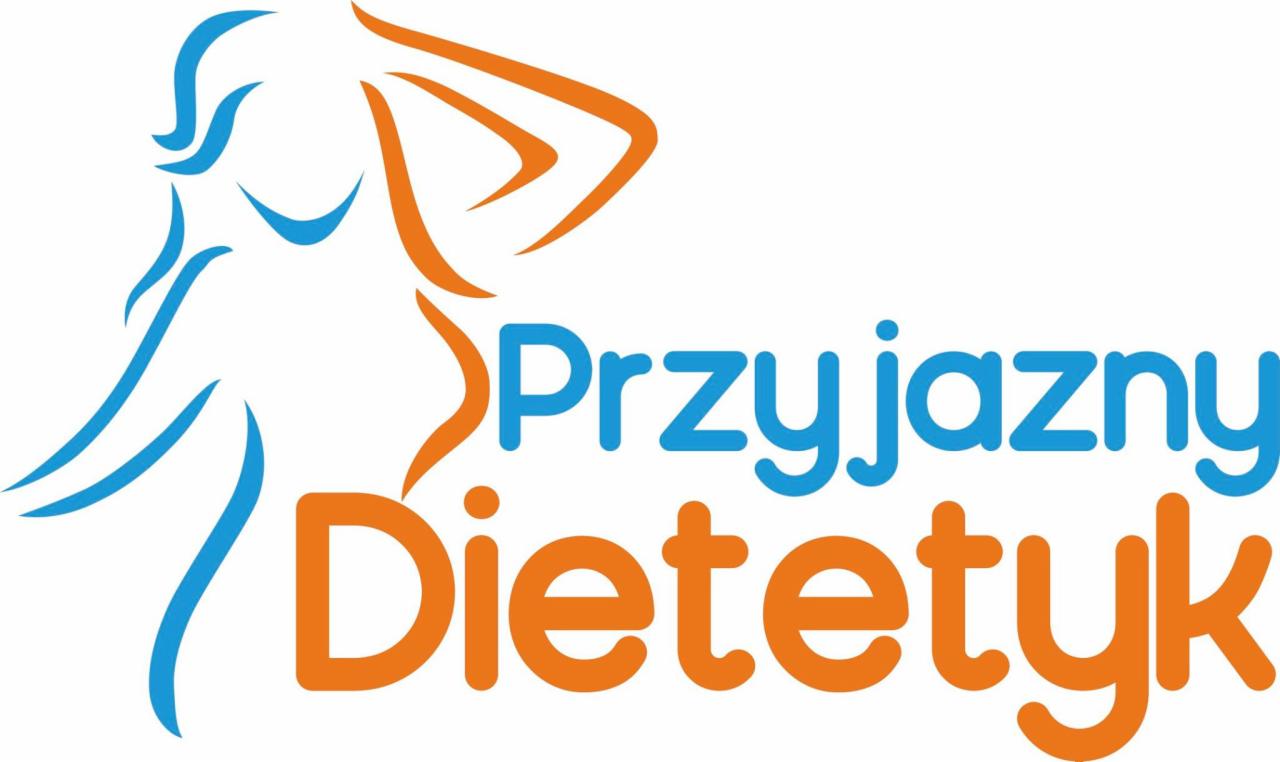 Logo firmy oferującej porady żywieniowe, przedstawiające stylizowaną sylwetkę kobiety w kolorze niebieskim oraz pomarańczowy napis 'Przyjazny Dietetyk'.