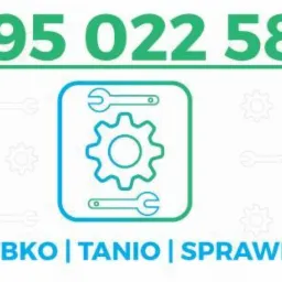 Grafika z numerem telefonu 795 022 581, ikoną zębatki i kluczy oraz hasłem 'Szybko | Tanio | Sprawnie' na białym tle z delikatnym wzorem kluczy i zębatek.