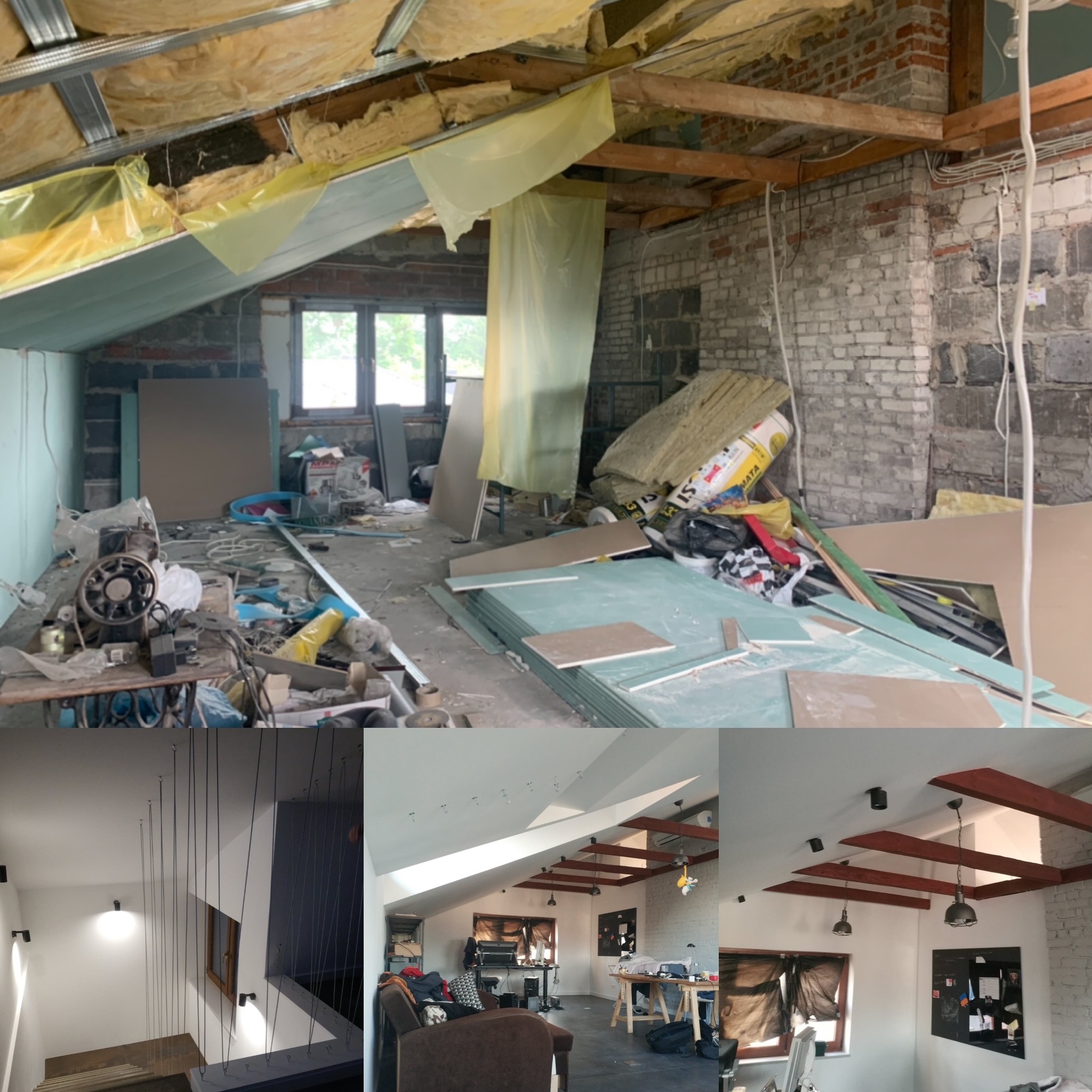 Strych w trakcie adaptacji w Warszawie: widoczne płyty karton gips, izolacja, elementy konstrukcyjne dachu oraz fragmenty wykończonego wnętrza z nowoczesnym oświetleniem.