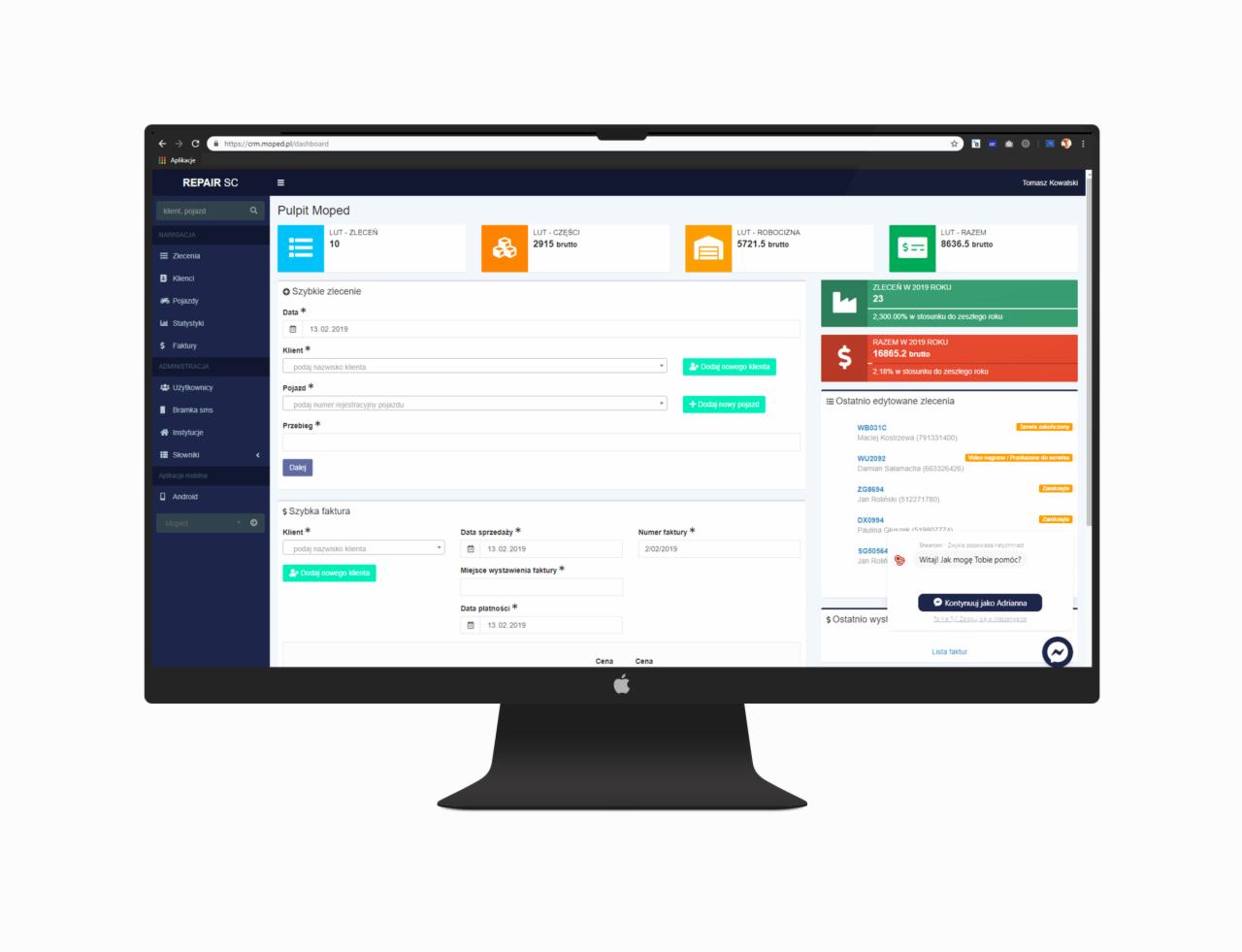 Ekran komputera stacjonarnego wyświetlający pulpit aplikacji do zarządzania serwisem pojazdów, z widocznymi statystykami zleceń, faktur i klientów oraz formularzami do szybkiego dodawania zleceń...