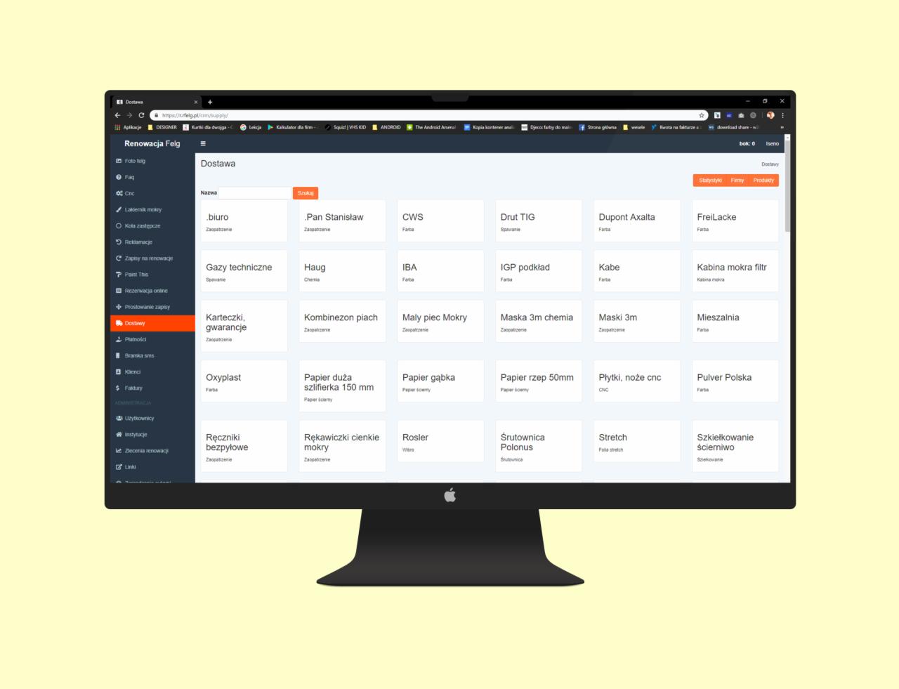 Zrzut ekranu strony internetowej sklepu z materiałami do renowacji felg, prezentujący listę dostępnych produktów, w tym farby, papiery ścierne i akcesoria spawalnicze.