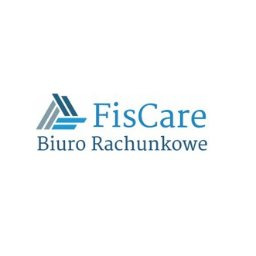 Logo firmy FisCare Biuro Rachunkowe w kolorach niebieskim i białym, z abstrakcyjnym symbolem graficznym przypominającym złożone dokumenty lub wykresy.