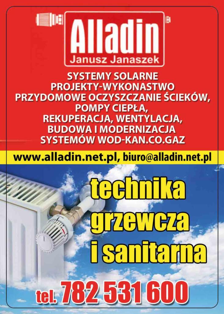 Plakat reklamowy firmy Alladin Janusz Janaszek, oferującej systemy solarne, projekty-wykonawstwo, przydomowe oczyszczanie ścieków, pompy ciepła, rekuperację, wentylację, budowę i modernizację...