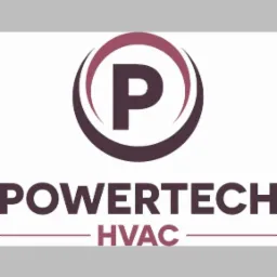 Logo firmy POWERTECH HVAC z okrągłym symbolem litery P w kolorze burgundowym i szarą obwódką.