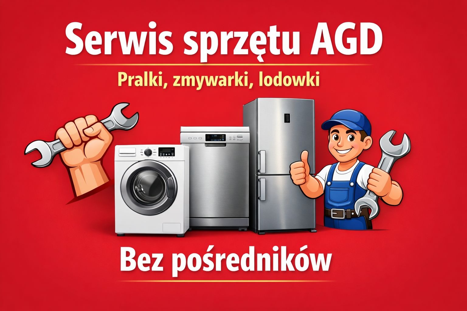 Grafika: Serwis AGD - pralki, zmywarki, lodówki. Ręka z kluczem, pralka, zmywarka, lodówka, uśmiechnięty serwisant z kluczem. Czerwone tło, napis 'Bez pośredników'.