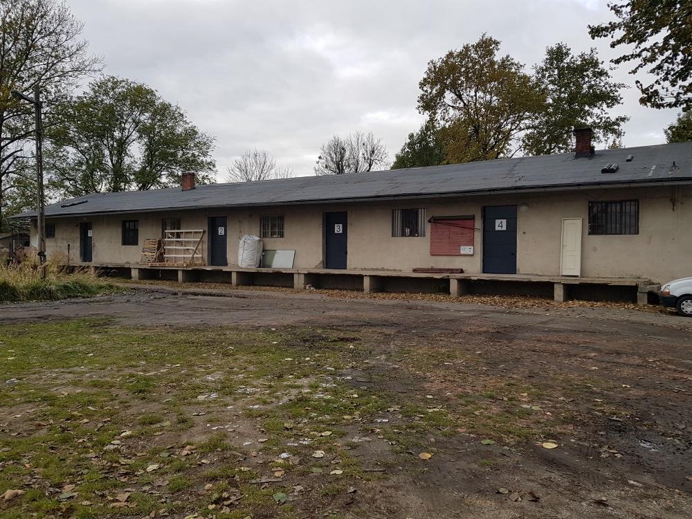 Długi, parterowy budynek magazynowy z betonową rampą załadunkową, ciemnymi drzwiami oznaczonymi numerami i widocznymi śladami użytkowania, otoczony jesiennym krajobrazem.