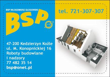 Wizytówka firmy z Kędzierzyna-Koźla oferującej roboty budowlane i nadzory, prezentująca schematyczny model domu w trakcie budowy dachu.