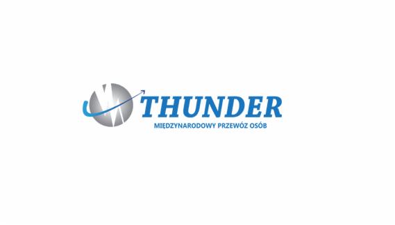 Logo firmy transportowej Thunder, z nazwą i dopiskiem 'Międzynarodowy przewóz osób', obok stylizowana kula ziemska z niebieską strzałką.