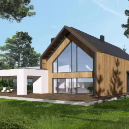Wizualizacja nowoczesnego domu jednorodzinnego z drewnianą elewacją, dużymi przeszkleniami i tarasem, otoczonego drzewami iglastymi.