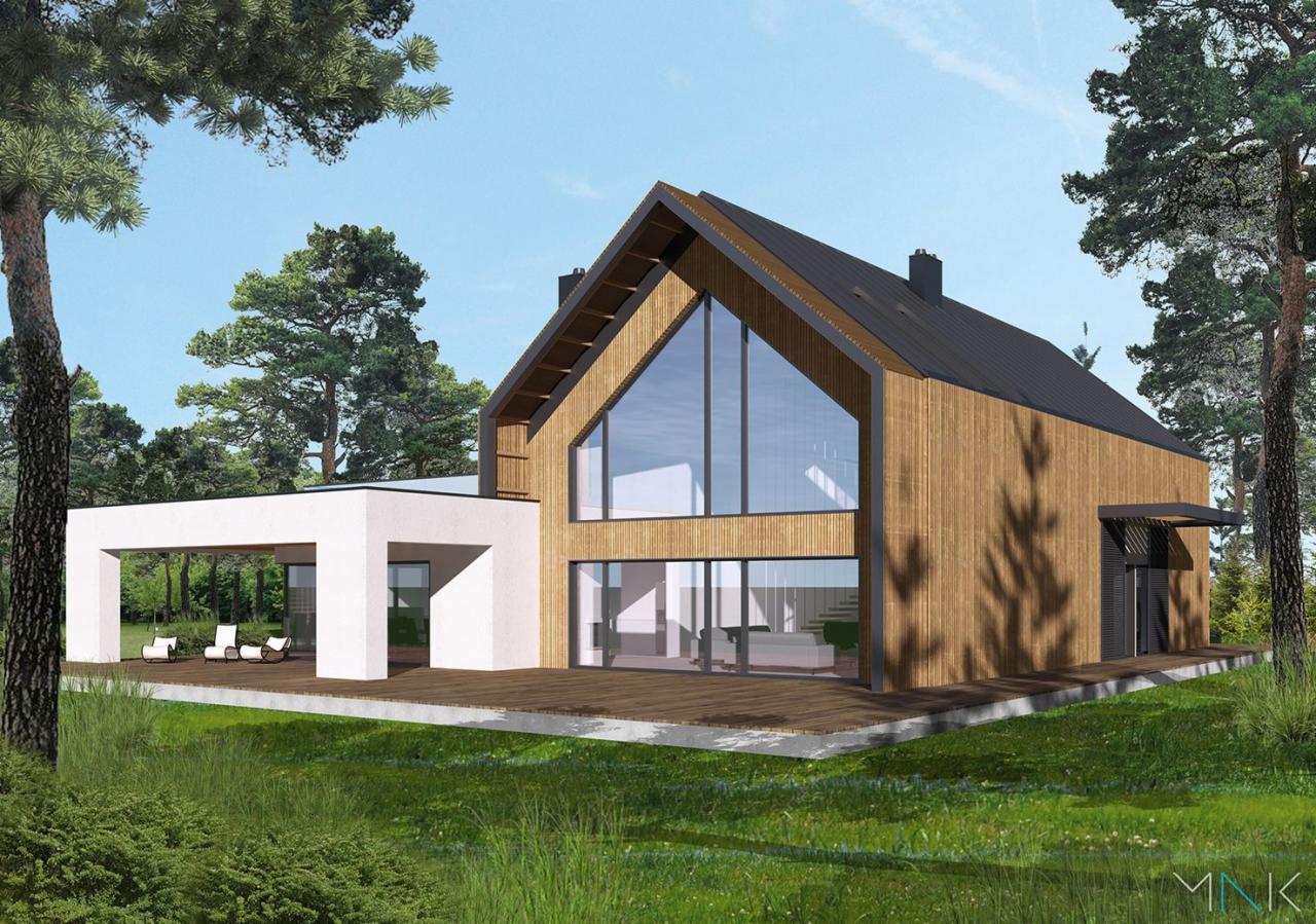 Wizualizacja nowoczesnego domu jednorodzinnego z drewnianą elewacją, dużymi przeszkleniami i tarasem, otoczonego drzewami iglastymi.