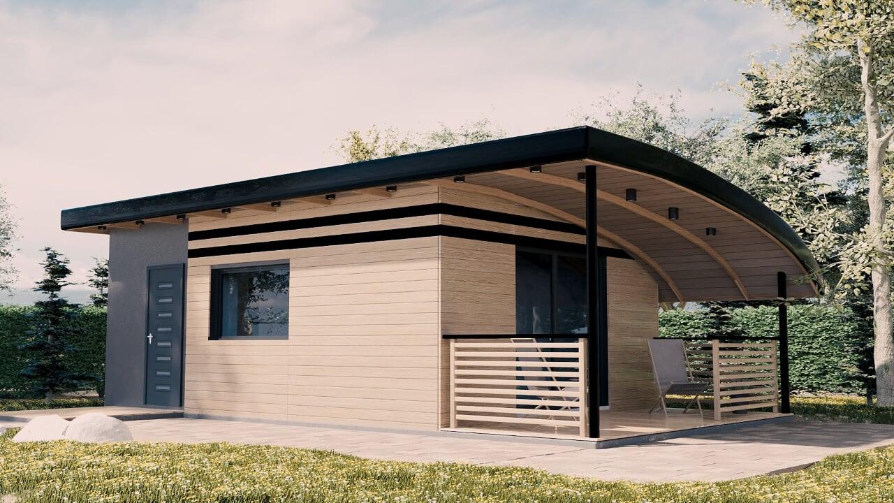 Wizualizacja małego, nowoczesnego budynku z drewnianą elewacją, płaskim dachem z zaokrąglonym zadaszeniem nad tarasem, szarą dobudówką z pionowymi wgłębieniami, oknem i drzwiami, otoczonego zielenią.