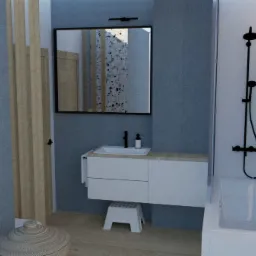 Wizualizacja łazienki z umywalką na szafce, czarną armaturą, lustrem, kabiną prysznicową i ścianą wyłożoną płytkami lastryko.