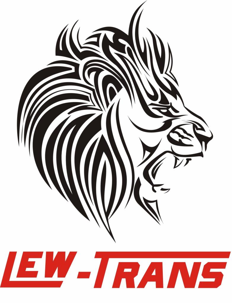 Stylizowany wizerunek lwa w formie logo firmy Lew-Trans, czarno-biała grafika z czerwonym napisem poniżej.