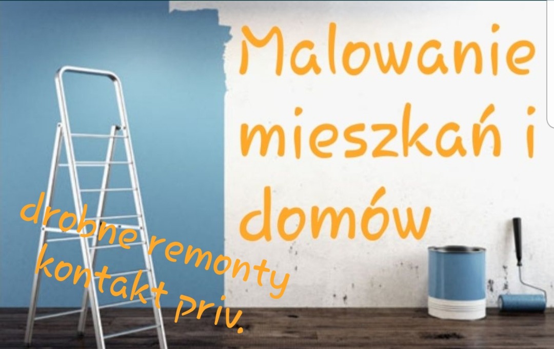 Ściana w trakcie odświeżania koloru, widoczna drabina malarska, puszka z farbą i wałek, z tekstem 'Malowanie mieszkań i domów drobne remonty kontakt priv.'