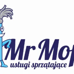 Logo firmy sprzątającej Mr. Mop: uśmiechnięty mop z wiadrem, nazwa firmy i dopisek 'usługi sprzątające'.