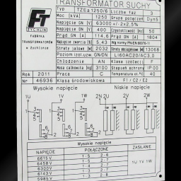 GrawTech - Tabliczka znamionowa transformatora suchego z danymi technicznymi, schematami połączeń i logo producenta Zychlin.