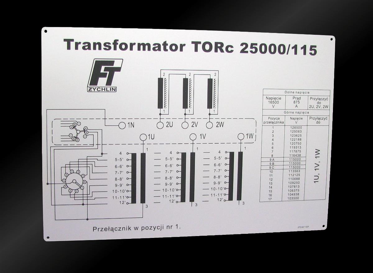 Schemat elektryczny transformatora TORC 25000/115 z firmy Zychlin, przedstawiający połączenia, napięcia i pozycje przełącznika.