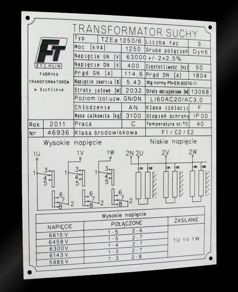 Tabliczka znamionowa transformatora suchego z danymi technicznymi, schematami połączeń i logo producenta Zychlin.