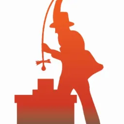 Stylizowana, pomarańczowa sylwetka osoby w kapeluszu czyszczącej komin za pomocą szczotki na długim kiju, na białym tle.