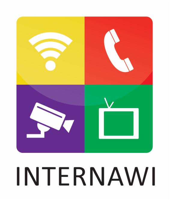 Logo firmy Internawi: ikony Wi-Fi, słuchawki telefonicznej, kamery monitoringu i telewizora na kolorowych kwadratach.