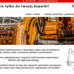 Strona internetowa firmy MSParts z ilustracją koparki i informacjami o częściach i serwisie.