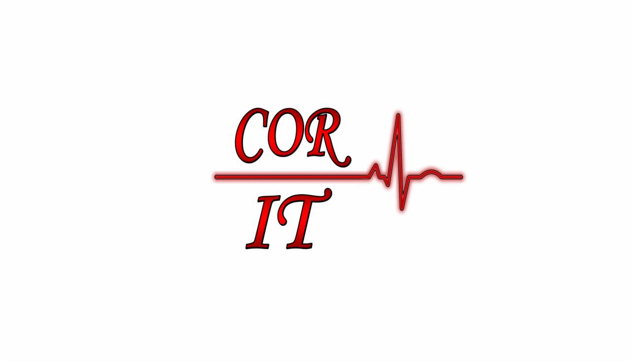 Logo firmy COR IT z czerwonym napisem COR nad IT, przedzielone poziomą linią, z prawej strony linia EKG.