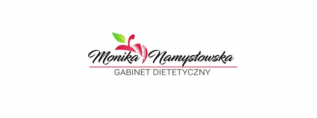 Logo gabinetu dietetycznego Monika Namysłowska z stylizowanym jabłkiem z miarką i zielonym listkiem, umieszczone na białym tle.