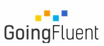 Logo GoingFluent z czterema kwadratami w kolorach żółtym, pomarańczowym i odcieniami niebieskiego nad nazwą firmy.